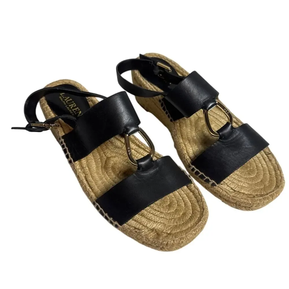 Lauren Ralph Lauren Black Espadrille Wedge Sandals 100% Leather Bena Womens 8